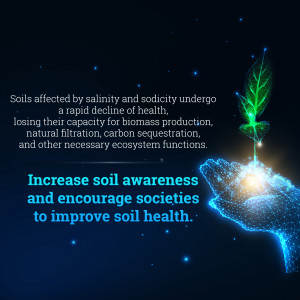 A glowing plant sprout emerging from a hand representing the Earth, with text about soil health.