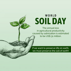 Illustration of a hand holding a seedling growing from soil, with text 'World Soil Day'