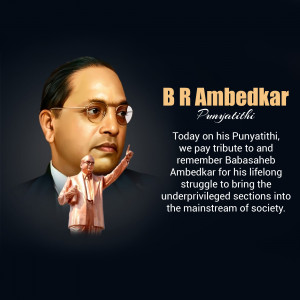 Portrait of B.R. Ambedkar with a golden statue and text commemorating his Punyatithi.