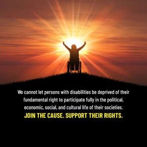 Silhouette of a person in a wheelchair raising their arms towards a vibrant sunset, symbolizing hope and rights.