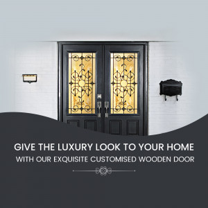 Black wooden door with decorative glass panels and a modern mailbox