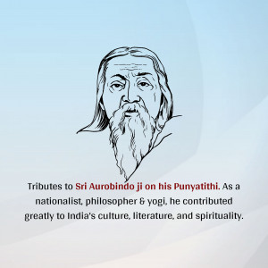 Black and white sketch of Sri Aurobindo with text tribute