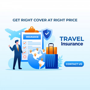 Illustration depicting travel insurance with a man, globe, suitcase, and insurance documents.