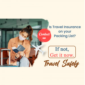 Woman with travel documents wearing a mask at the airport, promoting travel insurance.