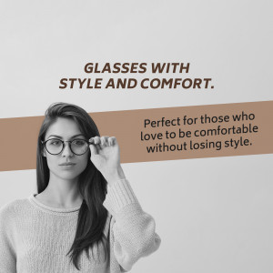 Woman wearing round frame glasses, promoting eyewear with style and comfort.