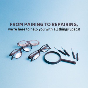 Glasses, repair tools, and a magnifying glass on a blue background with text promoting specs services.