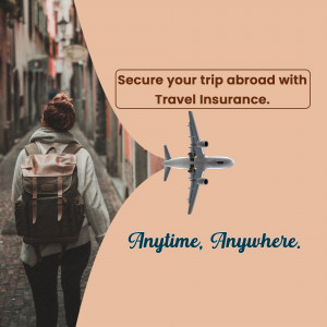 Woman with backpack walking down a street with an airplane overhead, promoting travel insurance.