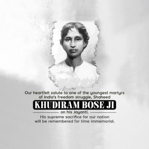 Black and white portrait of Khudiram Bose with a tribute message.