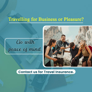 Group of friends hiking with travel insurance advertisement
