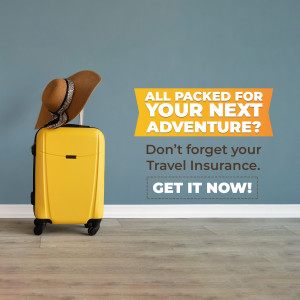 Yellow suitcase with a straw hat leaning against a wall, promoting travel insurance.