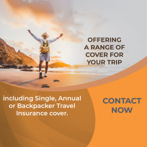Person with backpack on beach with travel insurance advertisement
