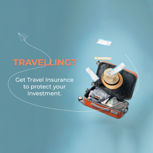 Open suitcase with travel essentials and text promoting travel insurance.