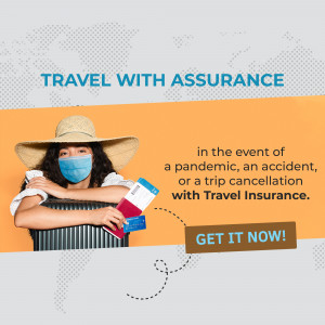 Woman wearing a hat and mask holding travel documents with travel insurance promotion.