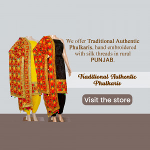 A mannequin wearing a black and yellow salwar kameez with a vibrant Phulkari dupatta.
