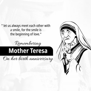 Black and white portrait of Mother Teresa with a quote about smiling and love.