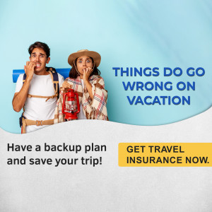 Couple looking shocked with travel gear, promoting travel insurance.