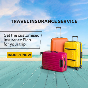 Travel insurance advertisement with colorful suitcases on a beach