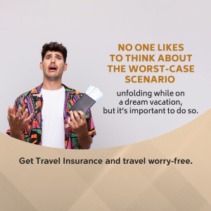 Man looking distressed holding travel documents with text promoting travel insurance.