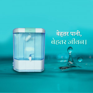 A white and blue water purifier with water droplets, promoting clean water.