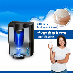 RO water purifier with a woman holding a glass of water, promoting clean drinking water.
