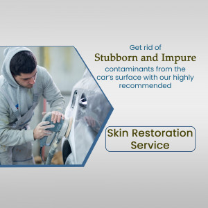 Man polishing a car with a machine polisher, promoting skin restoration service.