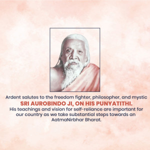 Portrait of Sri Aurobindo with text commemorating his Punyathithi
