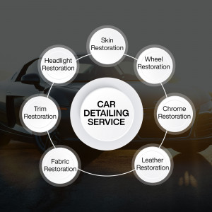 Infographic illustrating various car detailing services offered, including skin, wheel, headlight, trim, fabric, leather, and chrome restoration.
