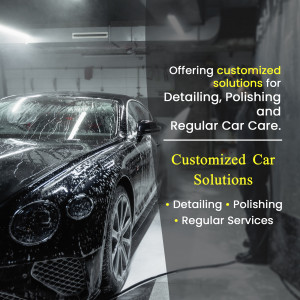 Black car being detailed in a garage with text advertising car care services.