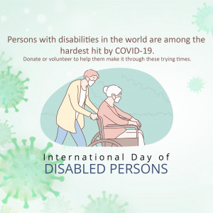 Illustration of a person assisting an elderly woman in a wheelchair, with COVID-19 virus graphics, promoting support for disabled individuals during the pandemic.
