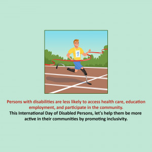Illustration of an athlete with prosthetic legs crossing a finish line, promoting inclusivity.