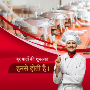 Professional chef holding a wooden spoon in front of catering chafing dishes.