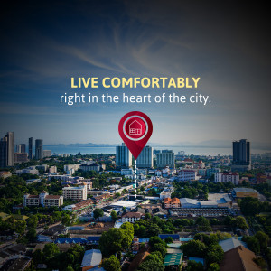 City skyline with a location pin and text 'Live Comfortably'