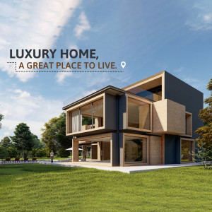 A modern, two-story house with a combination of dark gray and wood exterior, set against a blue sky and green lawn.