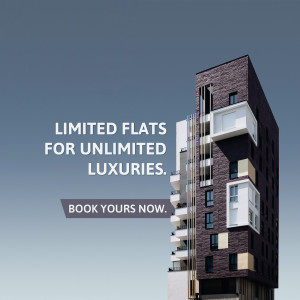 Modern apartment building with text promoting limited flats and luxury living.