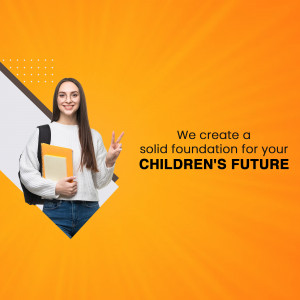 Young woman holding books and making a peace sign, with text promoting children's future.