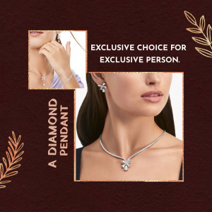 Close-up of a woman wearing diamond necklace and earrings, promotional image for exclusive jewelry.