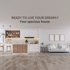 Modern kitchen and living room interior with text 'Ready to live your dream!'