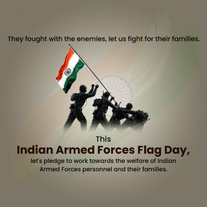 Silhouette of soldiers raising the Indian flag with text honoring Armed Forces personnel and their families.