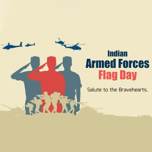 Silhouette of soldiers saluting with helicopters in the background and text 'Indian Armed Forces Flag Day'