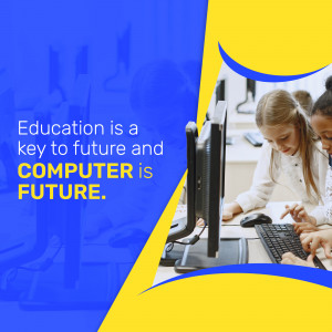 Students using computers in a classroom with a blue and yellow background.