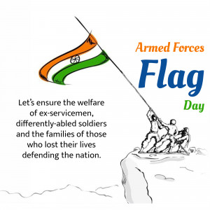 Illustration of people raising the Indian flag with text promoting welfare for ex-servicemen.
