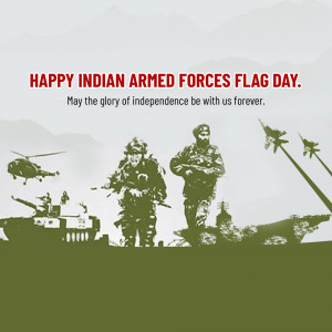 Indian Armed Forces Flag Day greeting with soldiers and military vehicles