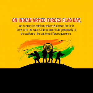 Image commemorating Indian Armed Forces Flag Day with silhouettes of soldiers and the Indian flag.