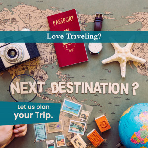 Travel themed flatlay with passport, camera, and map