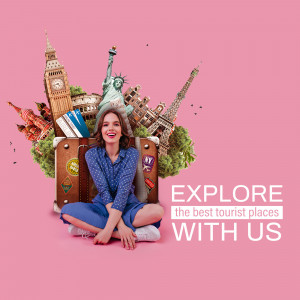 Woman sitting on luggage surrounded by world landmarks
