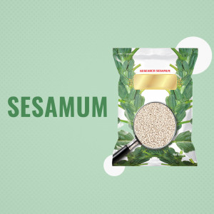 Package of Sesamum seeds with green leaves and a magnifying glass showing the seeds.