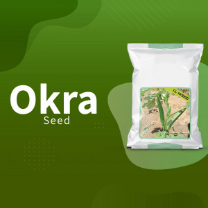 Close-up of an okra seed packet with the word 'Okra' prominently displayed.