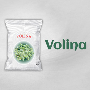 Close-up of a Volina herb packaging with a green herb image.