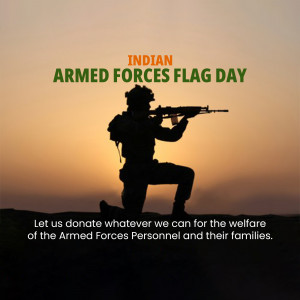 Silhouette of a soldier with a rifle against a sunset backdrop, promoting Armed Forces Flag Day.