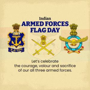Image commemorating Indian Armed Forces Flag Day with emblems of the Army, Navy, and Air Force.